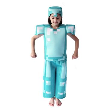 Kids diamond block armour costume with cyan pixel helmet and structured shoulders