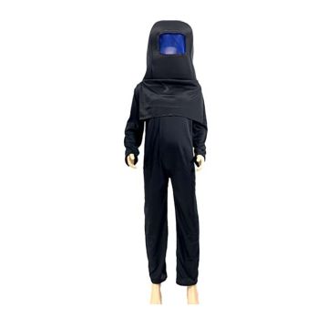 Child wearing black gaming crewmate costume with oversized hood and backpack