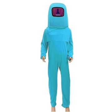 Child wearing light blue Among Us crewmate costume with helmet headpiece and mesh visor