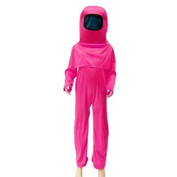 Kids hot pink space crewmate jumpsuit costume with integrated hood and mesh visor panel