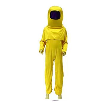 Kids yellow space crewmate costume with full-body jumpsuit and rounded headpiece
