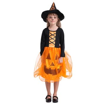 Girls Light-Up Pumpkin Witch Costume Dress with Hat - LED Jack-O-Lantern Halloween Outfit