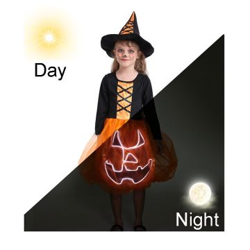 Girls light-up pumpkin witch costume dress with LED jack-o-lantern face on orange tulle skirt