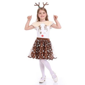 Girls Christmas reindeer costume with brown polka dot tutu skirt and antler headband