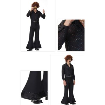 Mens 70s Disco Costume - Saturday Night Fever Black Sequin Shirt & Flares