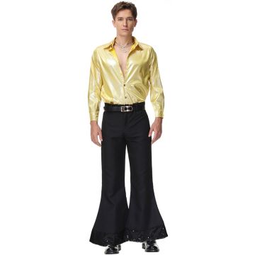 Mens 60s Disco Costume Gold Shirt Black Flares Sequin Bell Bottoms