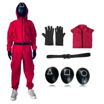 Adult Korean Survival Game Costume - Red Tracksuit Guard Jumpsuit with Mask Set