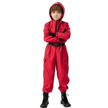 Kids Korean Survival Game Costume - Red Tracksuit Guard Jumpsuit with 4 Masks