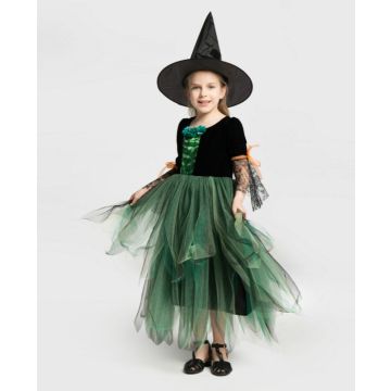 Girls Witch Costume - Black & Green Dress with Hat and Lace Sleeves