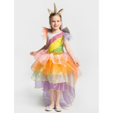 Girls Rainbow Unicorn Costume Dress with Wings & Headband