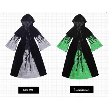 Witch in Black Kids Costume with Glow-in-the-Dark Skeleton Cape