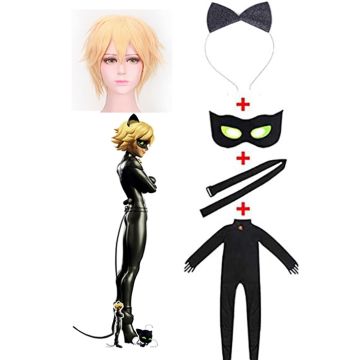 Adult black cat superhero costume with full catsuit and gold wig