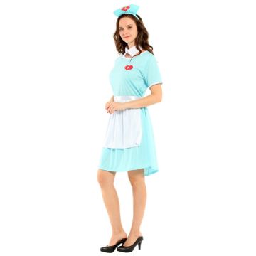 Womens Nurse Outfit - Classic Blue Dress Uniform Costume with Apron and Cap