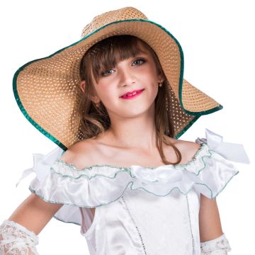 Girls Southern Yellow Princess Costume Dress - White & Green Satin Historical Gown with Hat