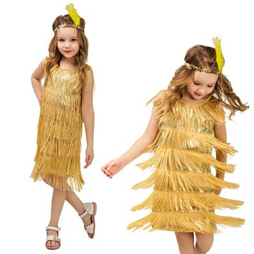 Girls gold flapper costume with metallic fringe tiers and feathered headband
