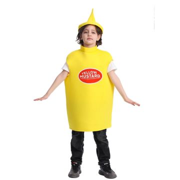 Kids yellow mustard bottle costume tunic with red label and pointed cap