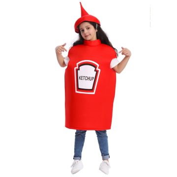 Kids red ketchup bottle costume tunic with white label and pointed cap