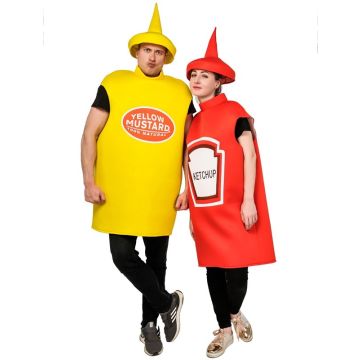Adult Ketchup and Mustard Costume - Couples Condiment Bottle Set with Hats