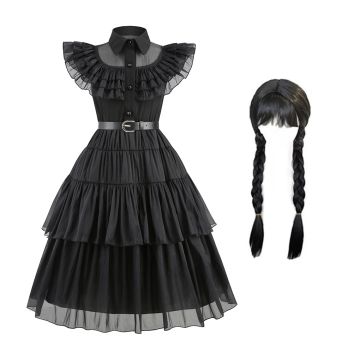 Kids Gothic School Girl Costume - Black Dress with Braided Wig
