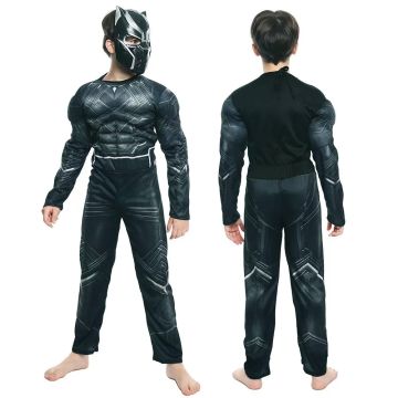 Kids Wakandan Warrior Costume - Superhero Jumpsuit with Muscle Chest and Mask