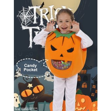 Kids Pumpkin Costume Tabard with Candy Pocket - Halloween Jack-o-Lantern Vest