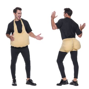 Adult fat suit costume with padded belly and rear panels in skin-tone