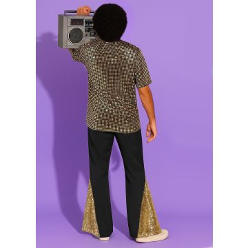 Mens Gold Disco Costume with Afro Wig and Accessories - 1970s Sequin Outfit