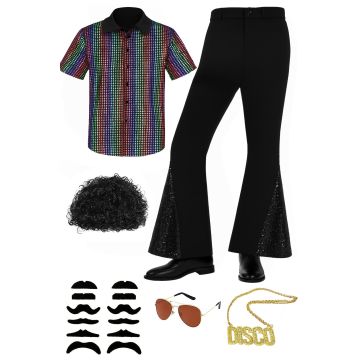 Mens 70s Disco Outfit - Rainbow Sequin Shirt & Black Flares Costume