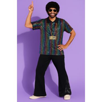 Mens 70s disco outfit with rainbow sequin shirt and black flare pants