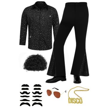 Mens Disco Costume - 70s Black Glitter Shirt and Flares Set