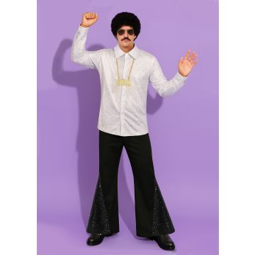 0s Disco Costume for Men –SILVER Shirt & Flared Pants Set 