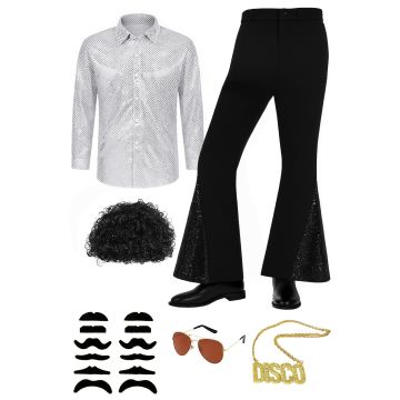 Mens 70s Disco Costume Silver Sequin Shirt & Flared Trousers
