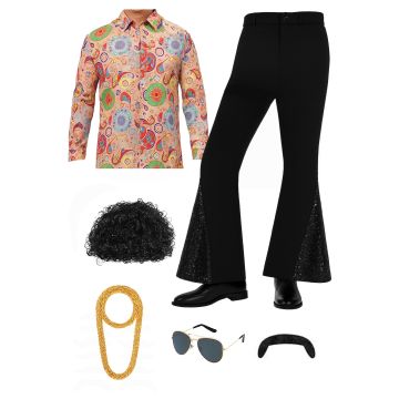 Mens 70s Disco Costume with Afro Wig & Bell Bottoms - Retro Funk Outfit