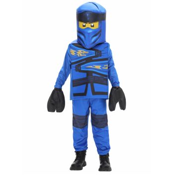 Kids blue ninja warrior costume with block character mask and dragon crest tunic