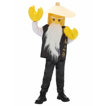 Kids wise sensei ninja costume with conical hat and white beard mask