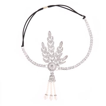 Adult 1920s Gatsby Headband - Art Deco Crystal Flapper Headpiece with Pearl Tassel