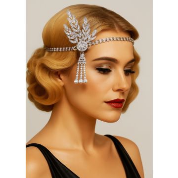 Art Deco 1920s Gatsby headband with silver crystal leaf spray and pearl tassels on model