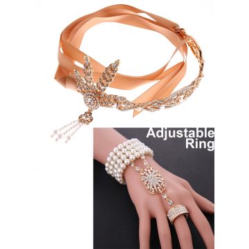 Adult 1920s Flapper Accessories Set - Rose Gold Headpiece Bracelet Ring