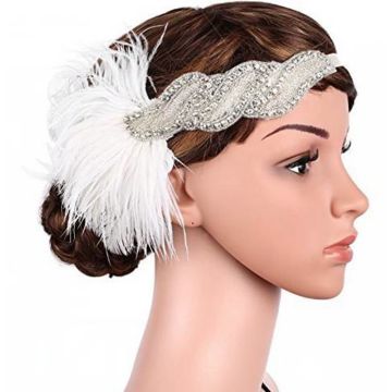 Women's 1920s Flapper Headband White Feather Rhinestone Crystal Gatsby Headpiece