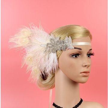 Women's 1920s Flapper Headband - Ivory Feather Great Gatsby Headpiece