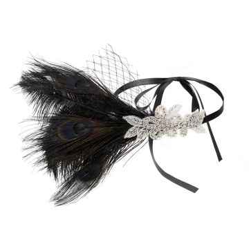 Women's 1920s Flapper Headband - Black Feather Gatsby Headpiece with Silver Art Deco Appliqué