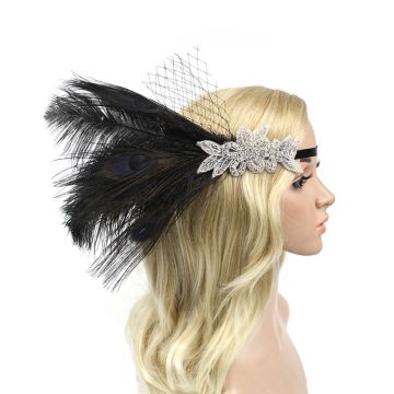 Women's 1920s Flapper Headband - Black Feather Gatsby Headpiece with Silver Art Deco Appliqué