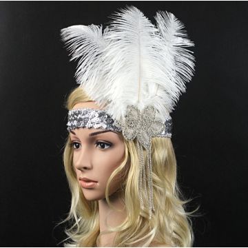 White feather headband with rhinestone beaded appliqué and silver chain fringe for Gatsby costume