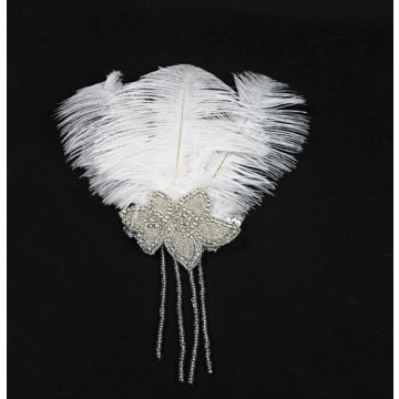 Adult 1920s Flapper Headband with White Feathers and Silver Beaded Appliqué