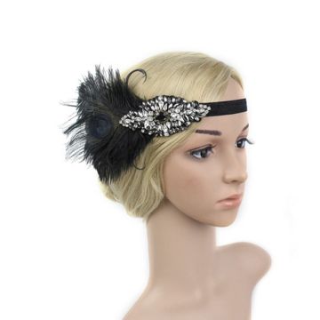 Adult 1920s Flapper Headband - Black Feather & Crystal Gatsby Accessory