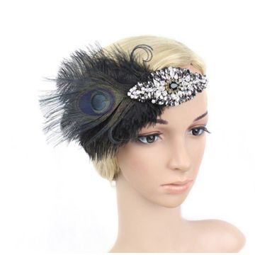Adult 1920s Flapper Headband - Black Feather & Crystal Gatsby Accessory