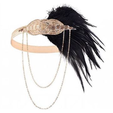 Adult 1920s Flapper Headband - Gold Art Deco Beaded Band with Black Feather Plume