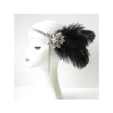 Black feather 1920s headband with Art Deco rhinestone brooch and pearl cluster