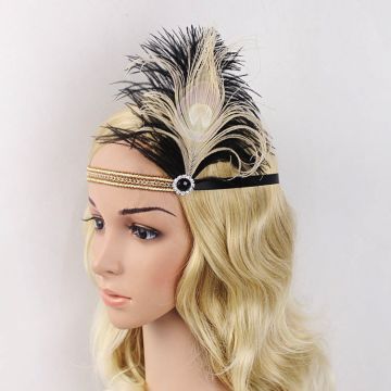 Adult 1920s Flapper Headband - Black & Gold Art Deco Feather Accessory
