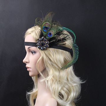 Adult 1920s Flapper Headband - Black Elastic with Peacock Feather & Jewel Brooch